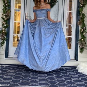 Jovani Prom Semi Blue Off the Shoulder Dress